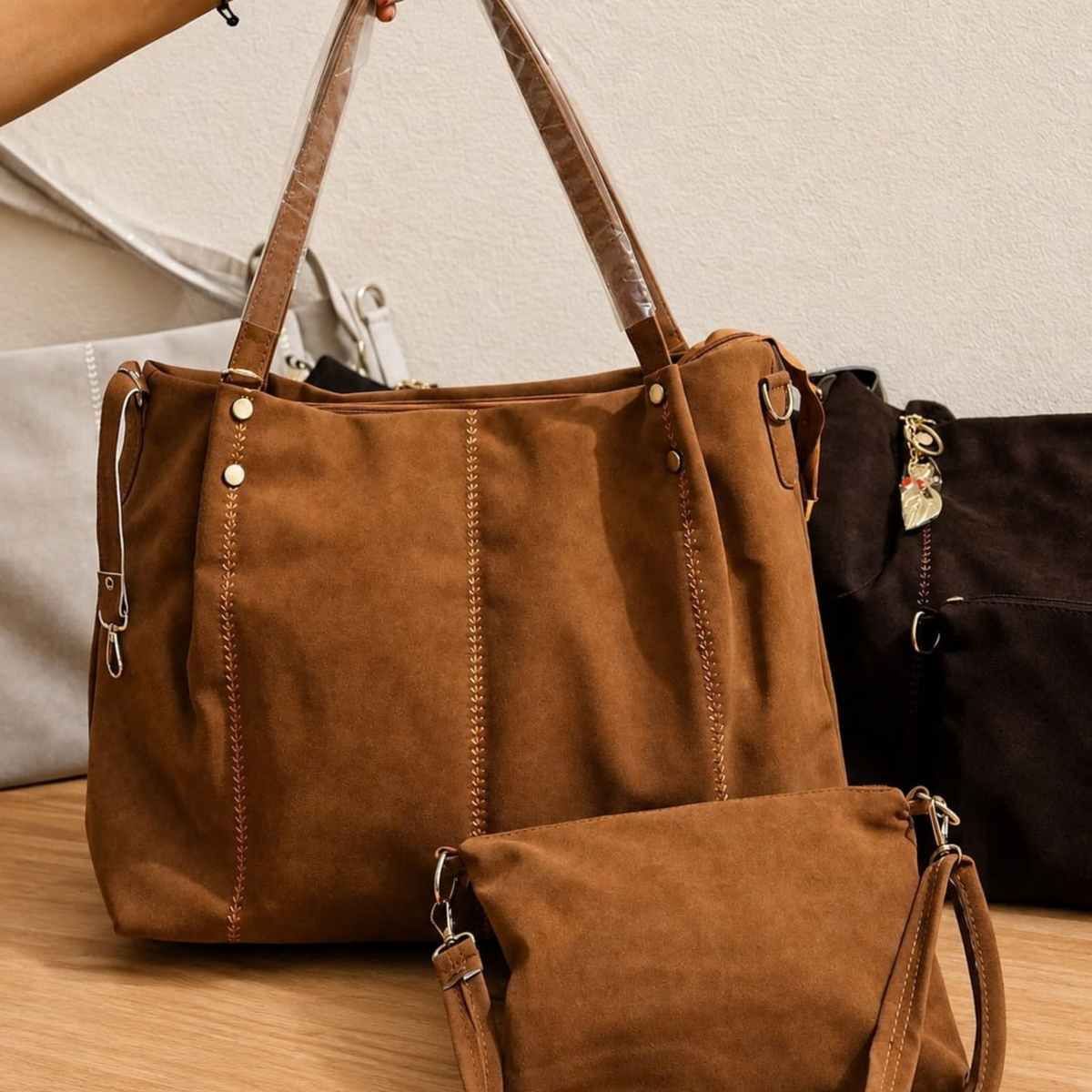Premium Suede-Finish Tote Bag with Sling Pouch