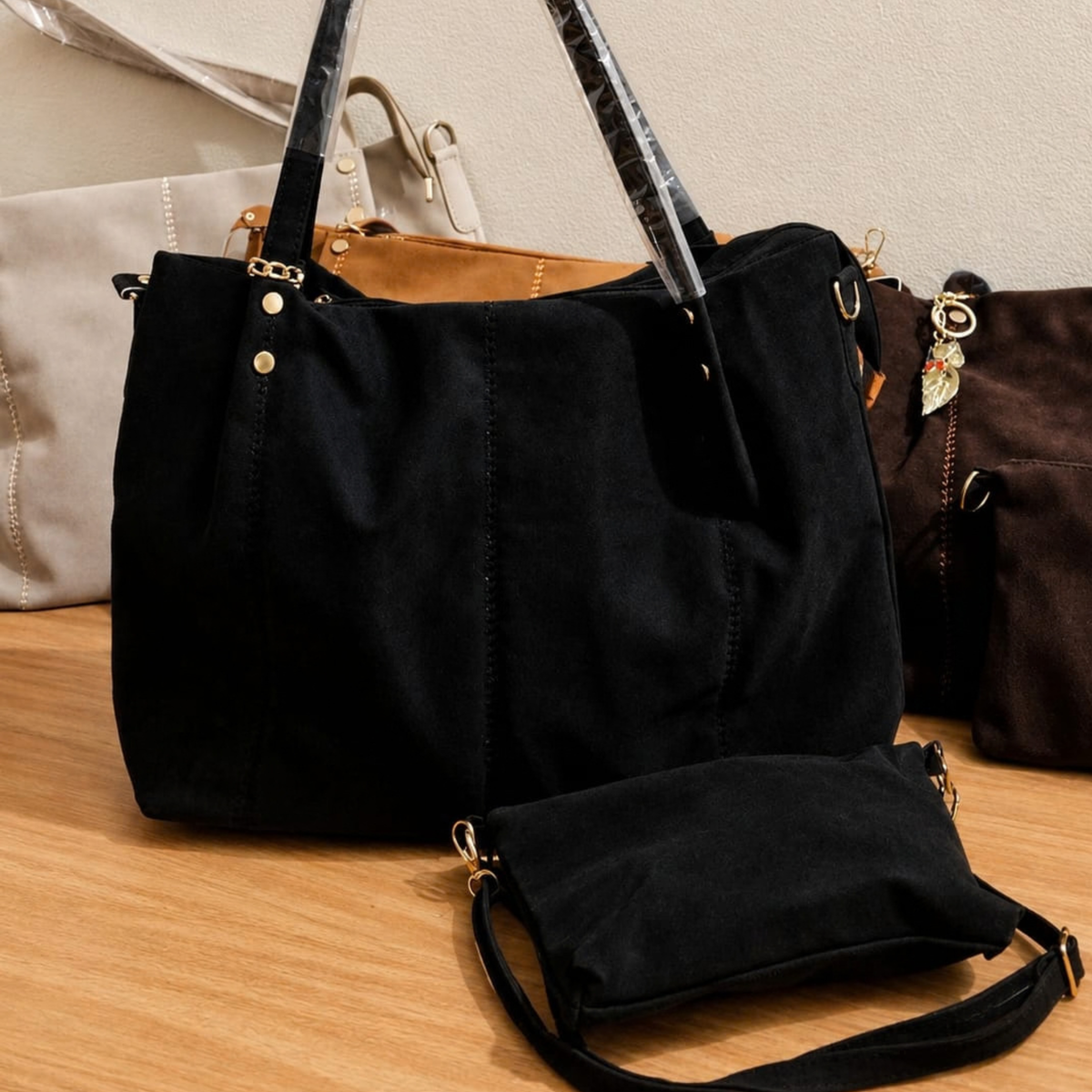Premium Suede-Finish Tote Bag with Sling Pouch