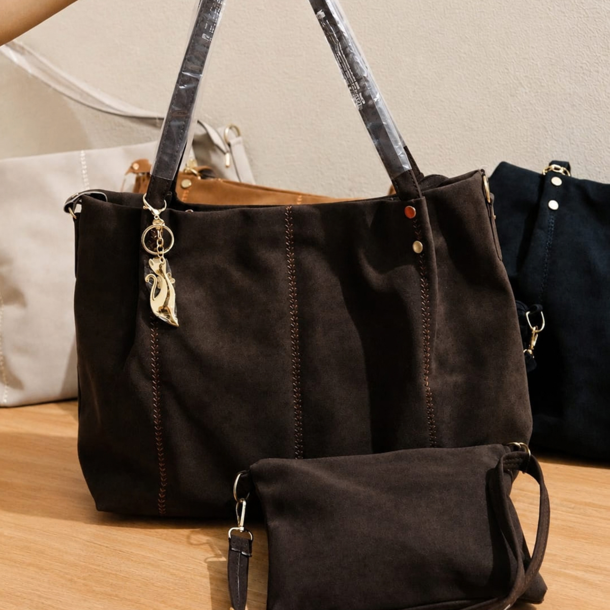 Premium Suede-Finish Tote Bag with Sling Pouch